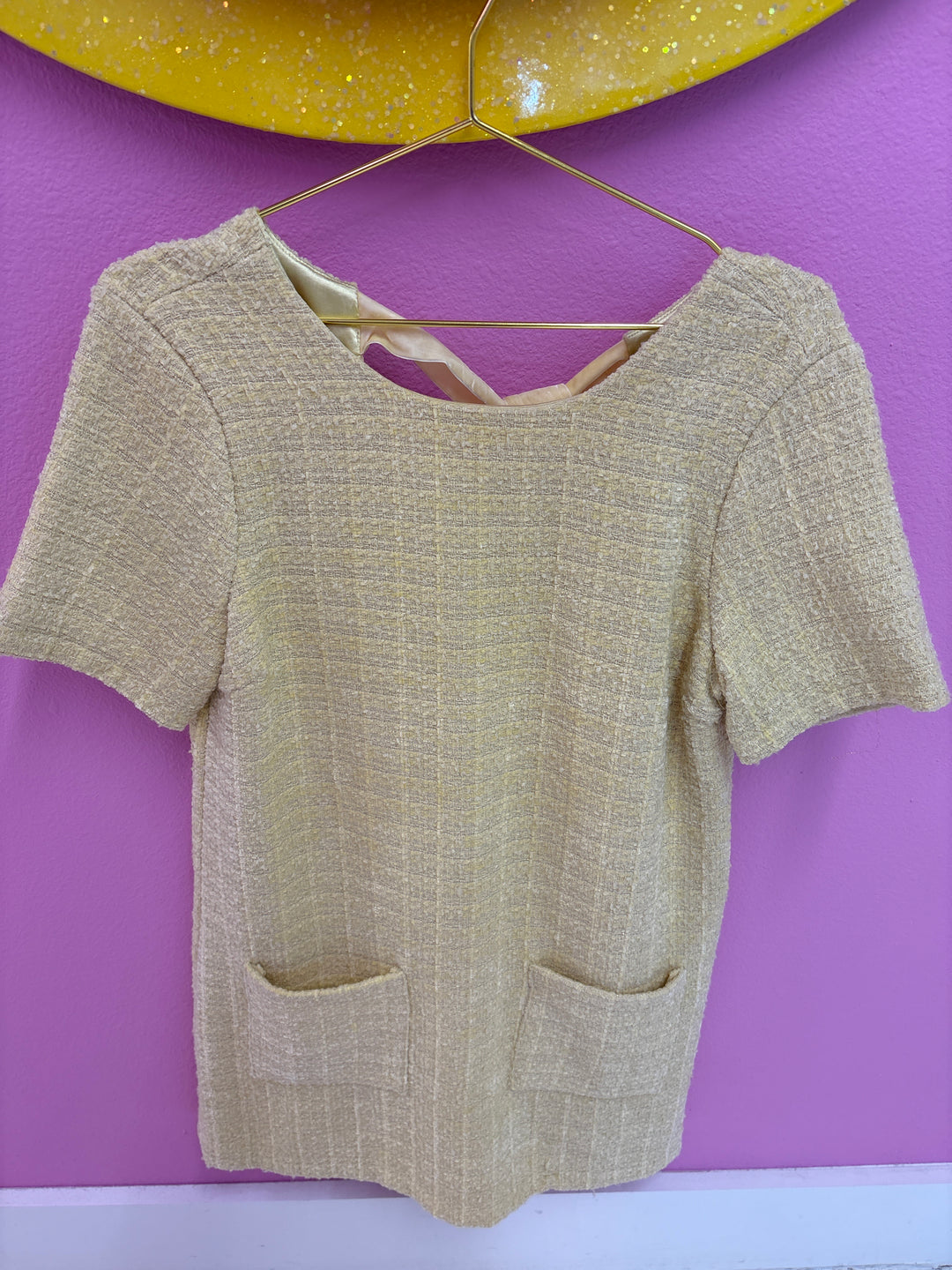 Hello Spring Yellow Tweed Velvet Tie Back Dress