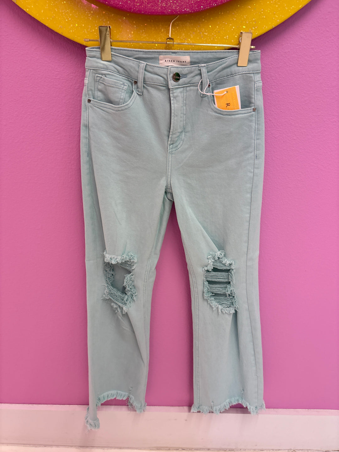 Mint High Rise Crop Distressed Jeans