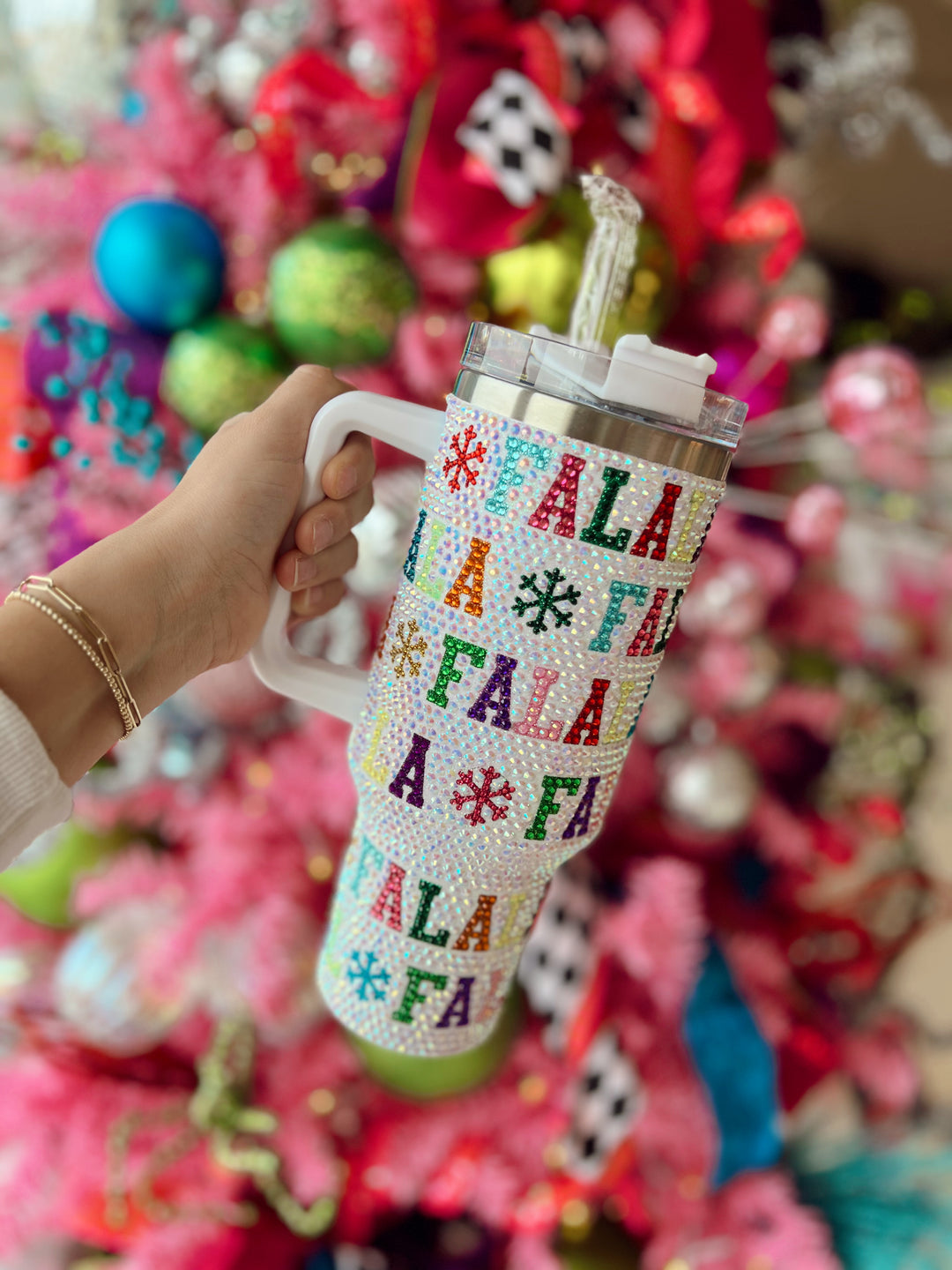 QOS White Fa La La Rhinestone Tumbler
