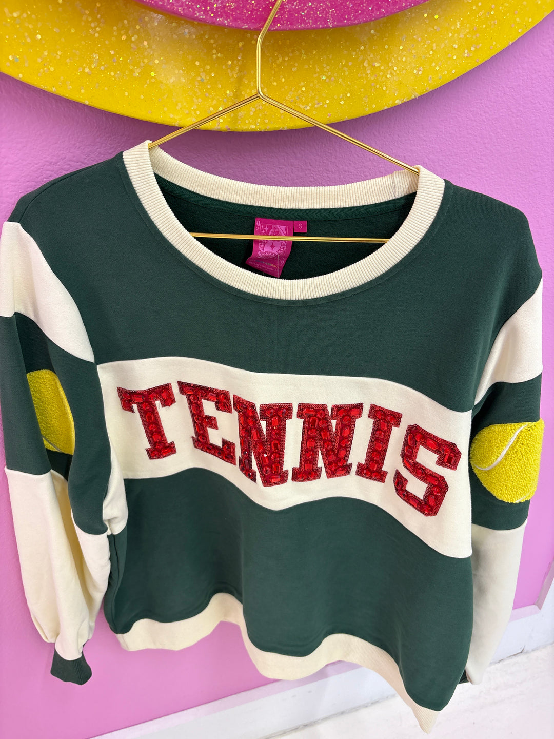 QOS Green, White, Red Jeweled "Tennis" Sweatshirt