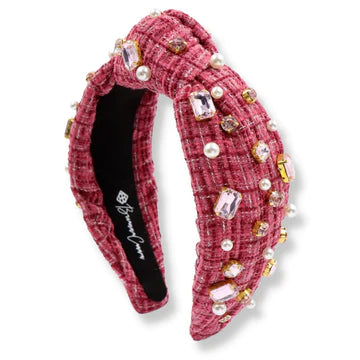 MAROON TWEED HEADBAND WITH BLUSH PINK CRYSTALS & PEARLS