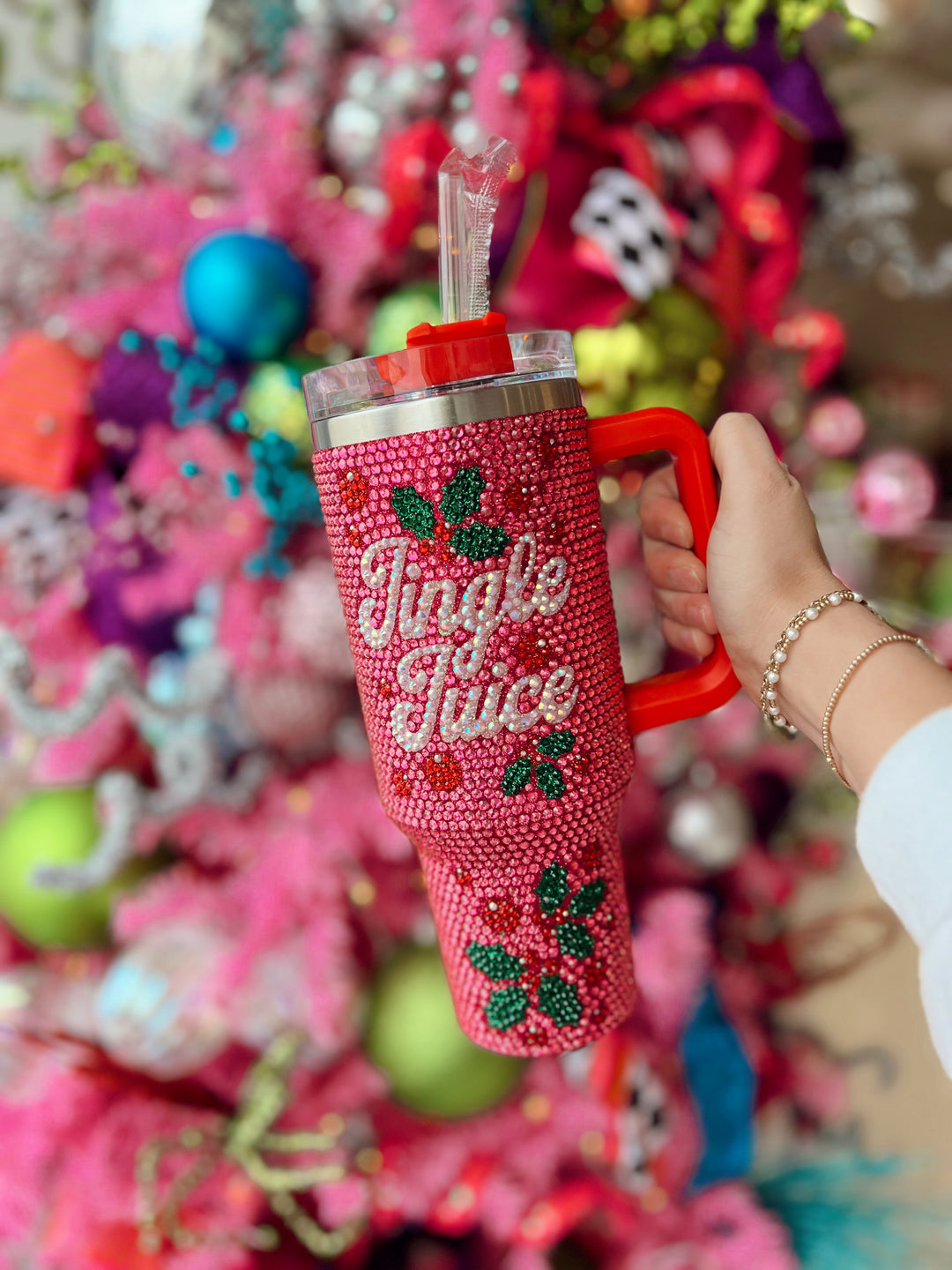 QOS Red Jingle Juice Rhinestone Tumbler