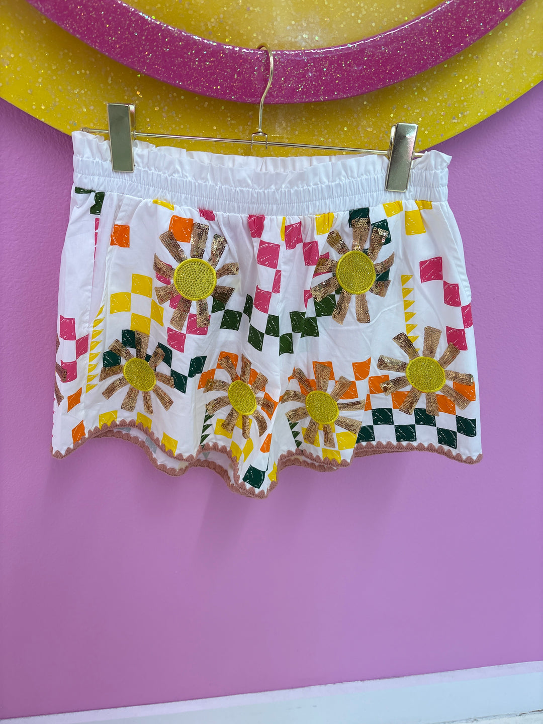 QOS White Multi Checkered Sun Shorts