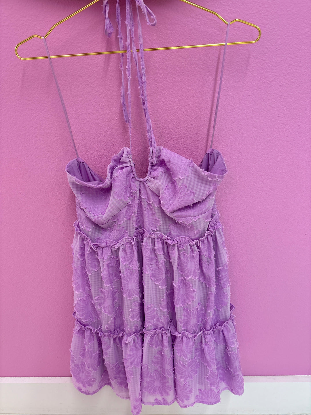 Orchid Floral Gingham Halter Ruffle Dress