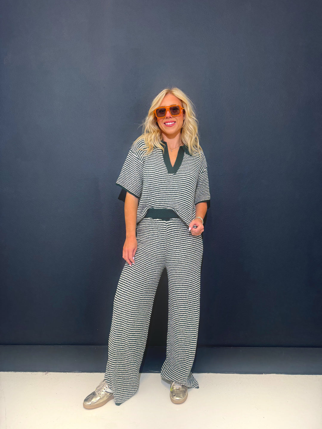 Hunter Green Short Sleeve Sweater Top & Pant Set