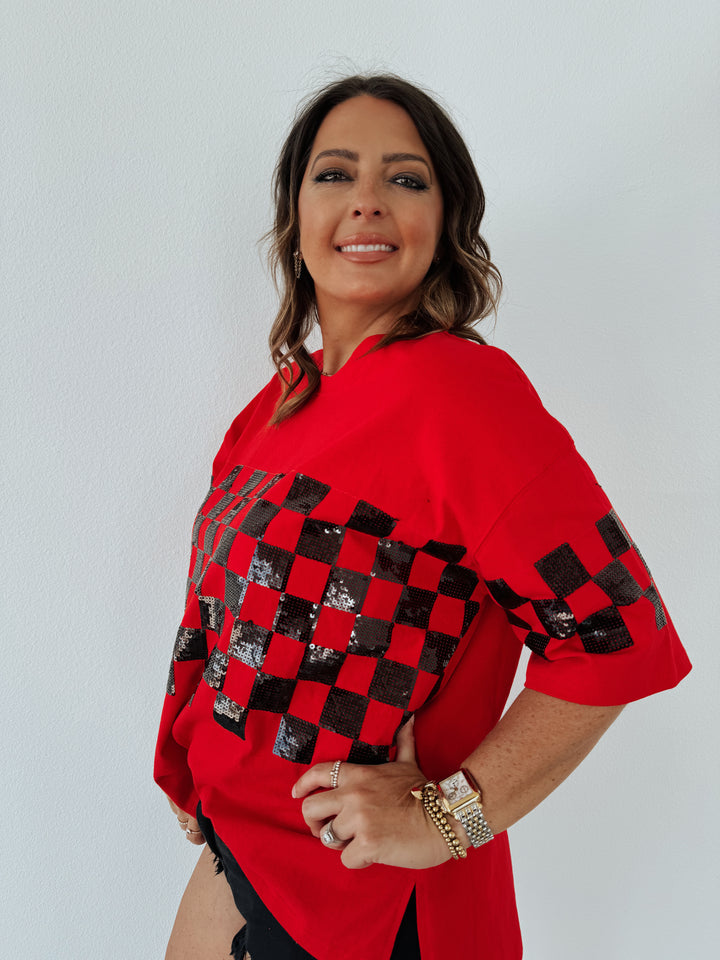 Red & Black Checkered Sequin Loose Fit Top