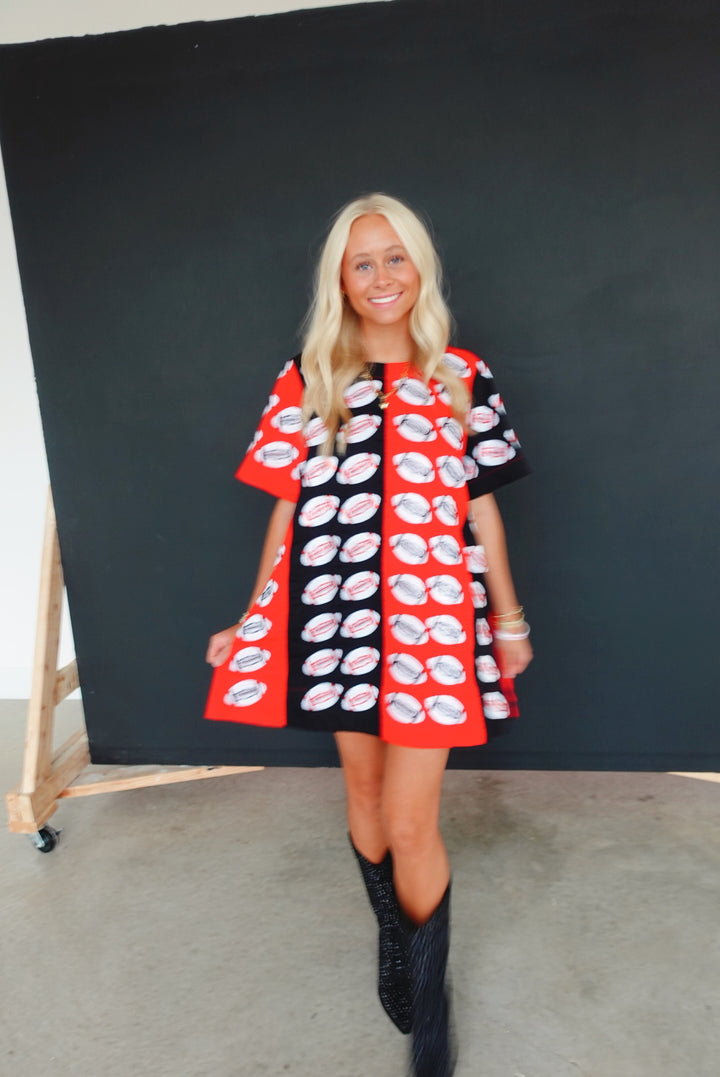 QOS Red & Black Colorblock Football Short Sleeve Dress