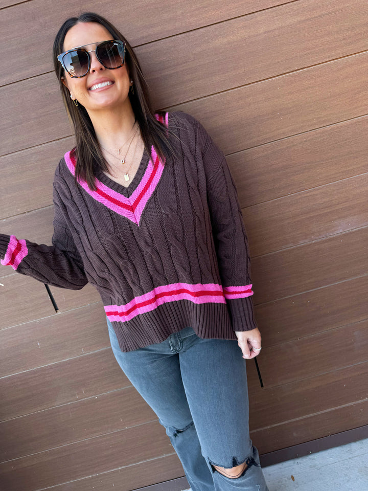 Coffee Bean Cable V-Neck Sweater