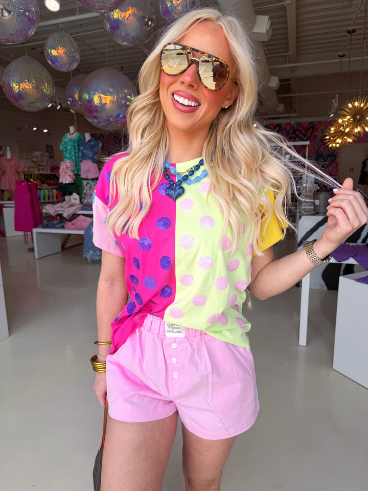 QOS Multi Colorblock Polka Dot Tee