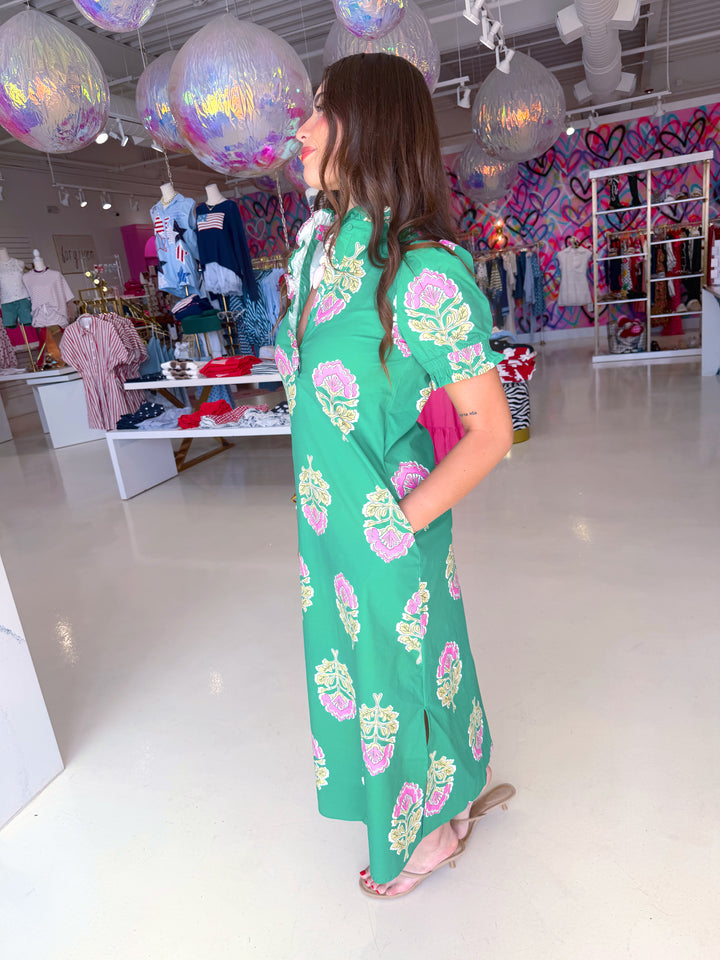Green Floral Ruffle Collar Button Down Midi Dress