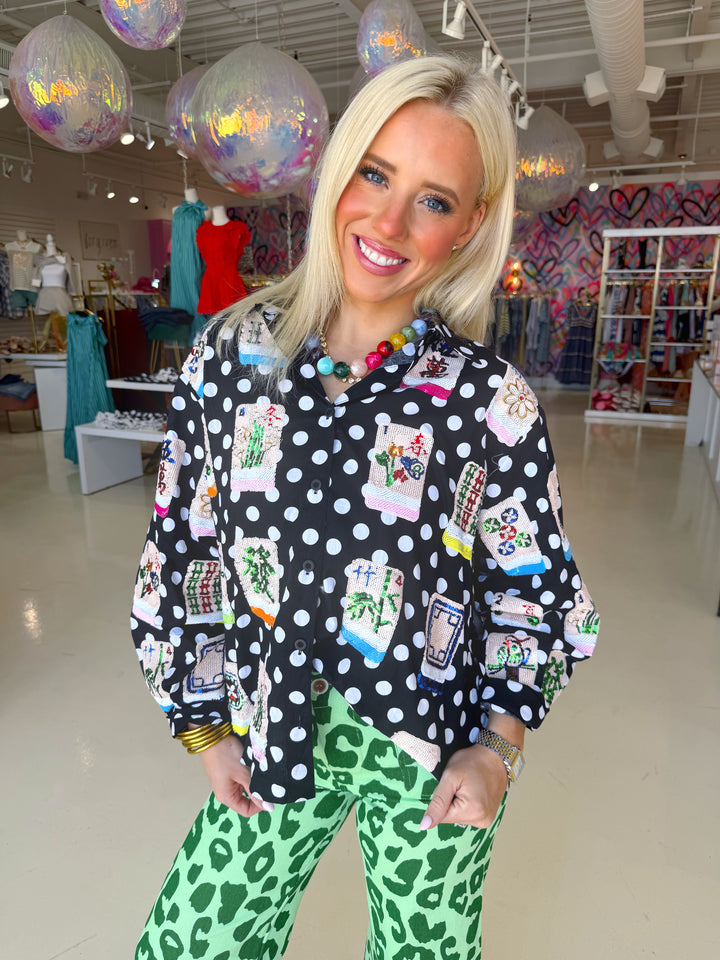 QOS Black & White Polka Dot Mahjong Button Up Top