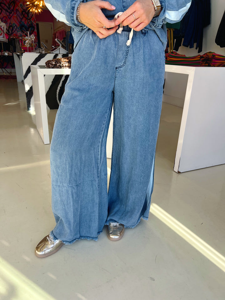 Washed Denim W/ Contrast Taping Wide Leg Pant
