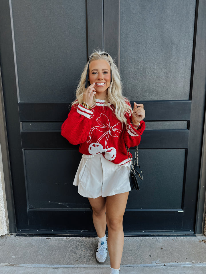 Red|Cream Cherry Knit Sweater