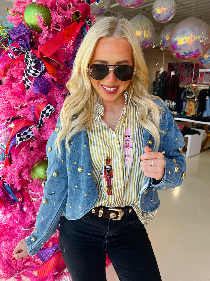 QOS Gold Metallic Stripe Nutcracker Button Up Top