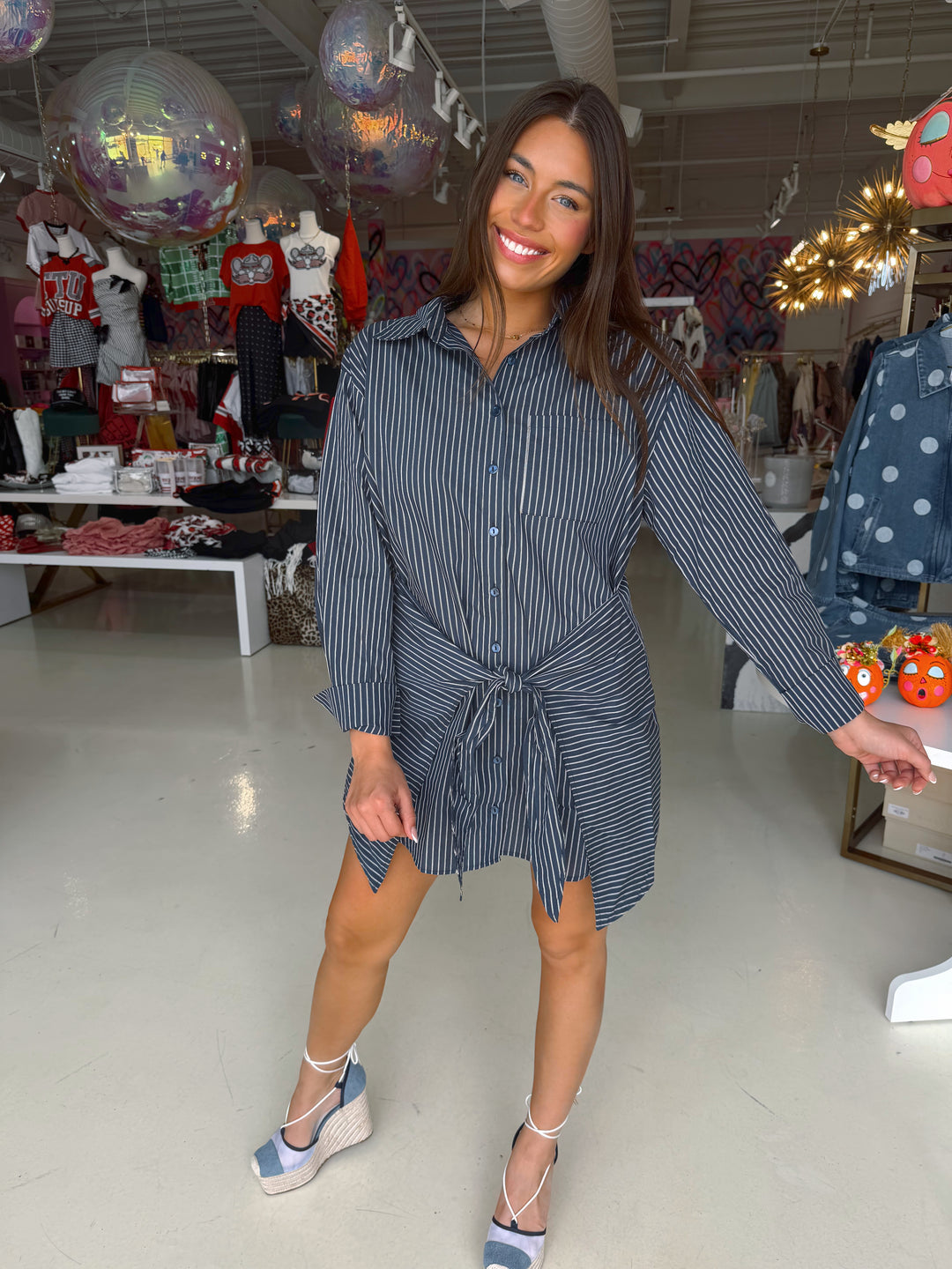 Navy Pinstripe Front Wrap Mini Dress