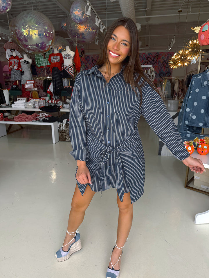 Navy Pinstripe Front Wrap Mini Dress