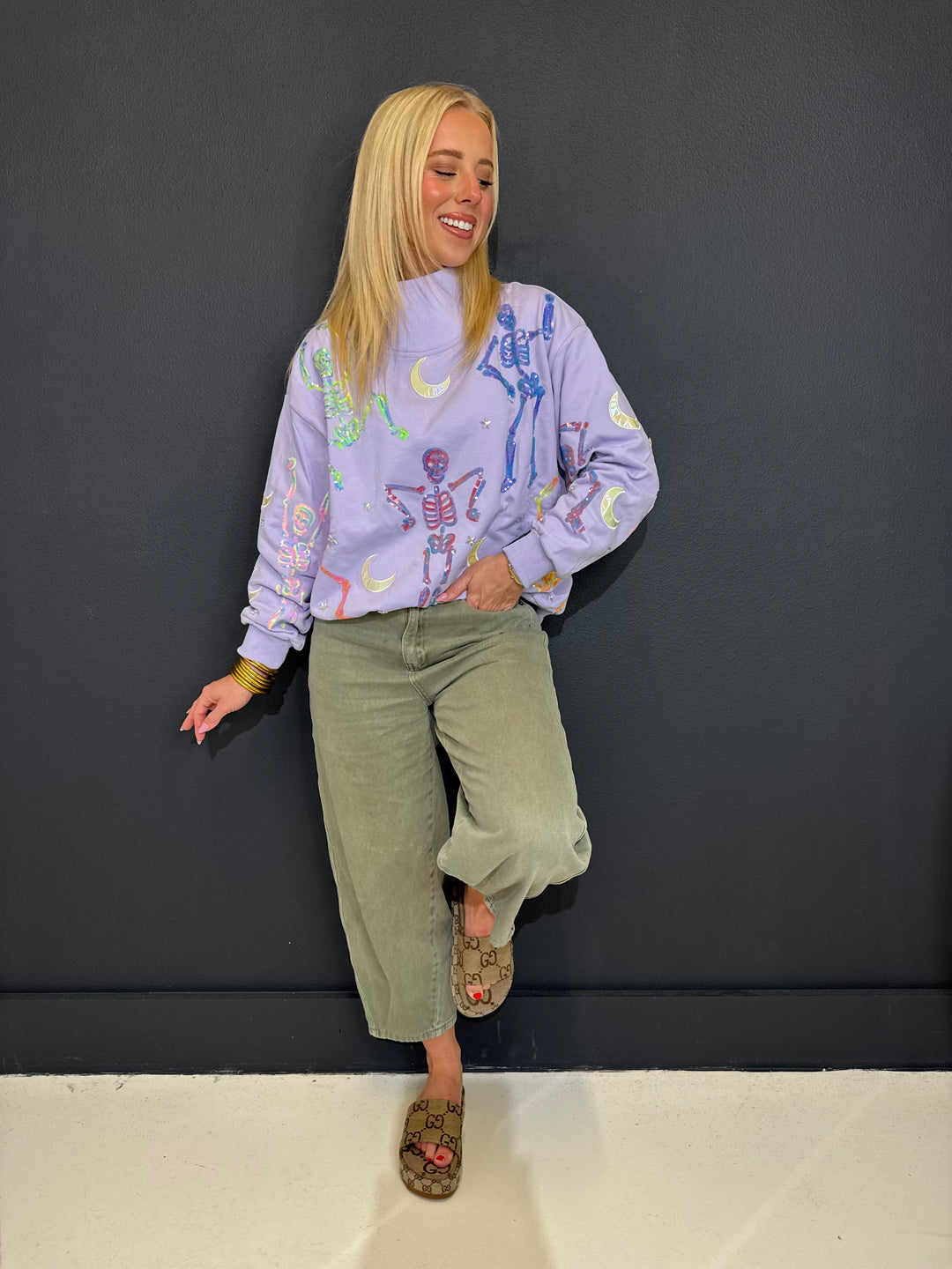 QOS Lavender Dancing Skeleton Mock Neck Sweatshirt