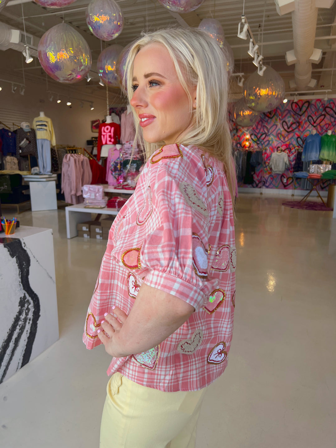 Light Pink & White Plaid Heart Button Down