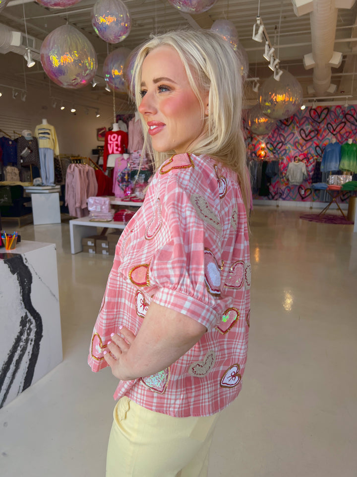 Light Pink & White Plaid Heart Button Down