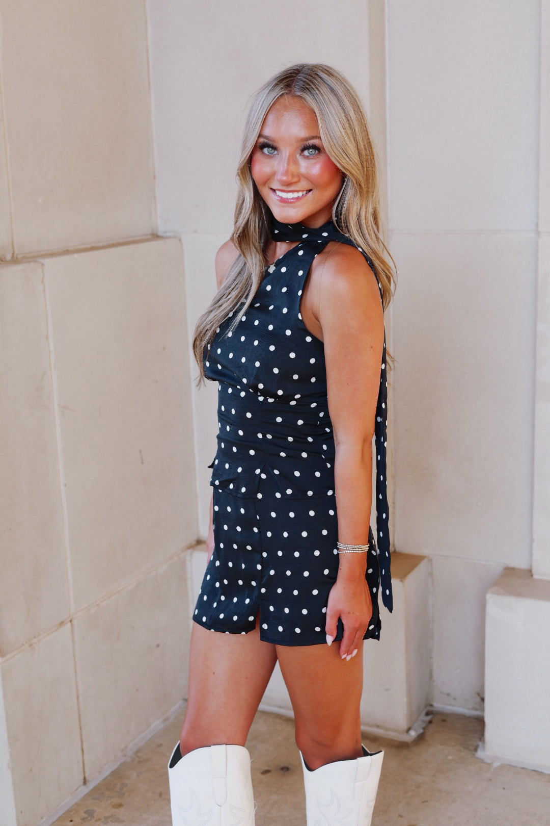 Black & White Halter Neck Polka Dot Top & Skirt Set