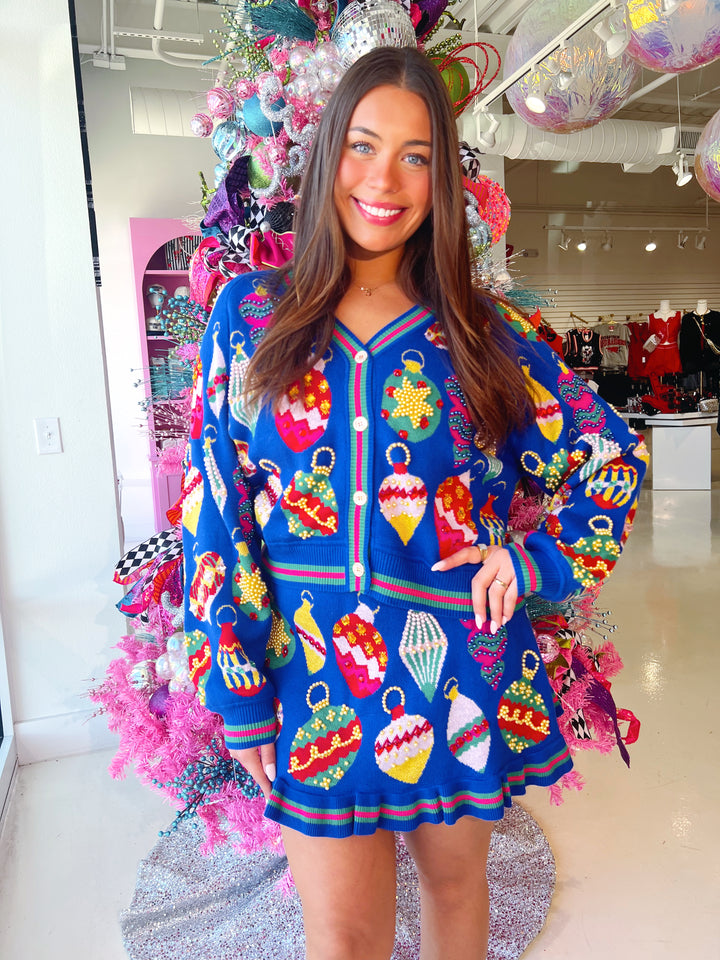 QOS Royal Blue Multi Jeweled Ornament Button Up Cardigan