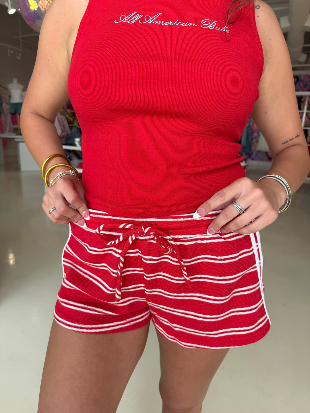 Red and White Striped Knit Shorts