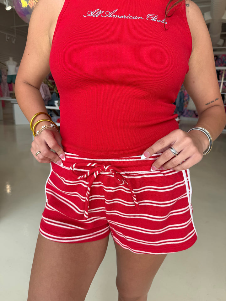 Red and White Striped Knit Shorts