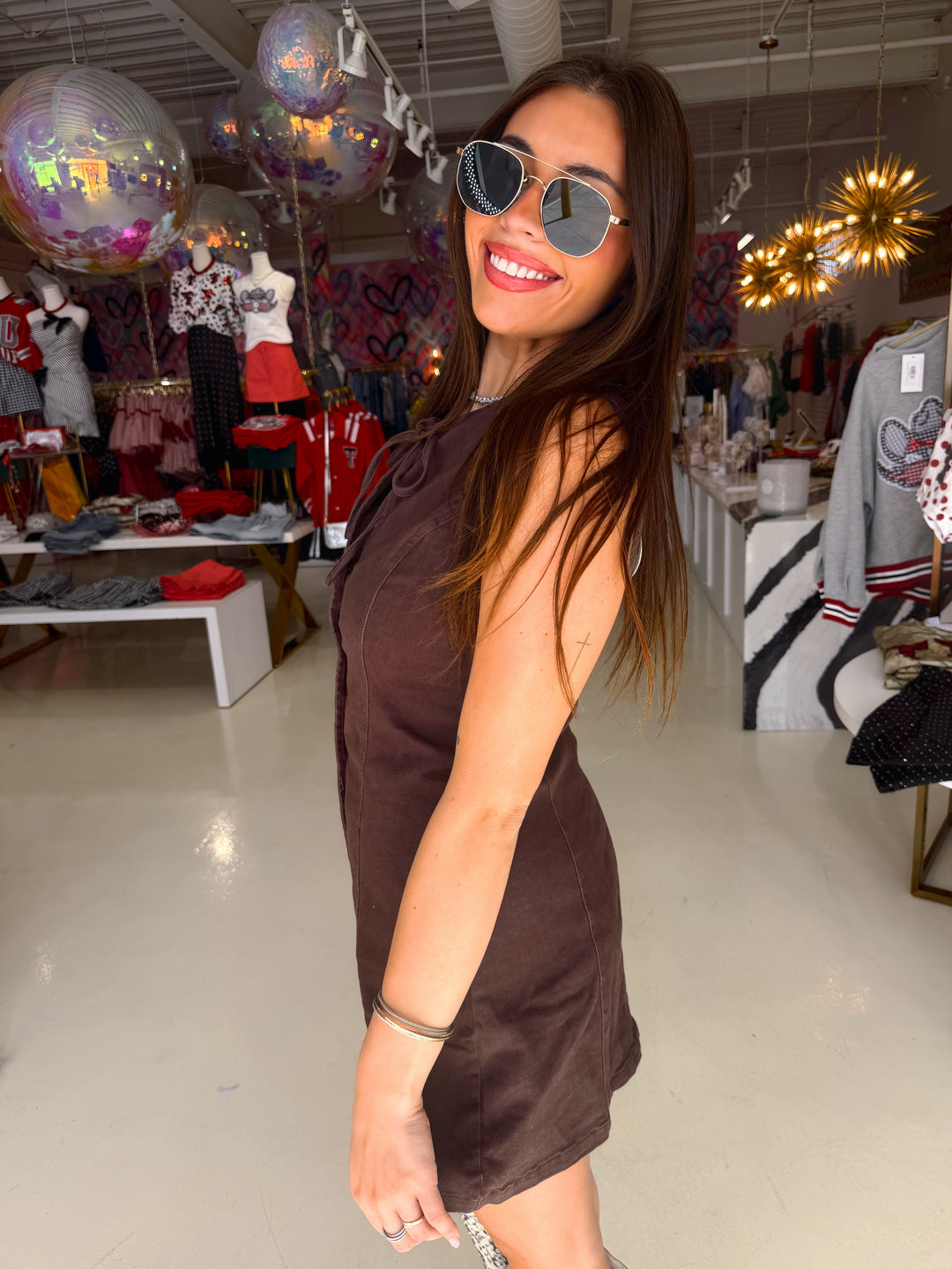 Dark Brown Bow Button Down Dress