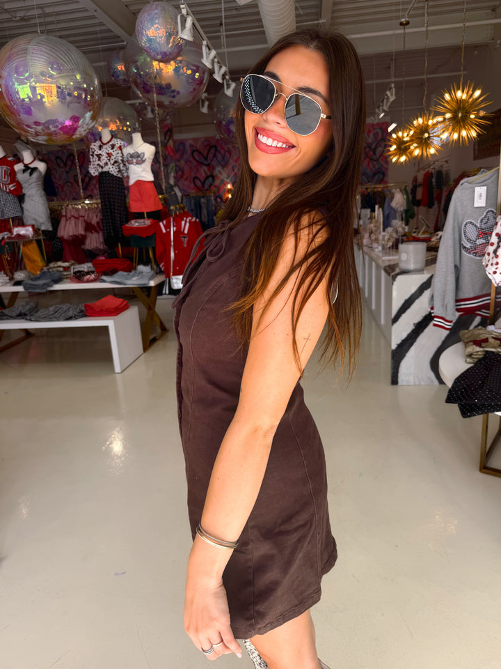 Dark Brown Bow Button Down Dress