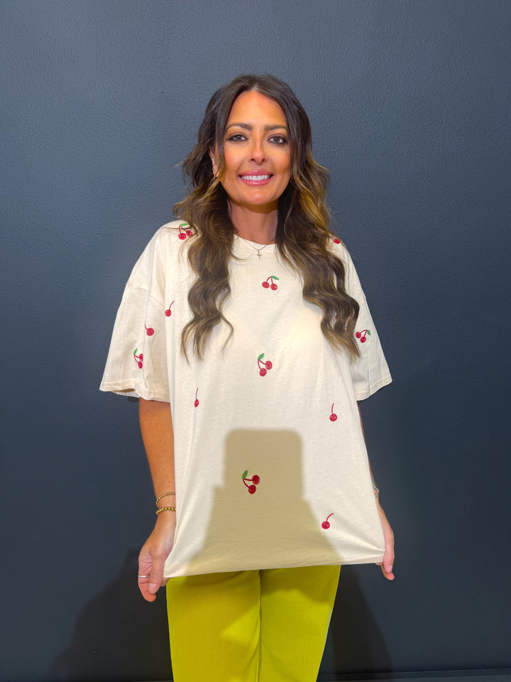 Beige Cherry Embroidery T Shirt