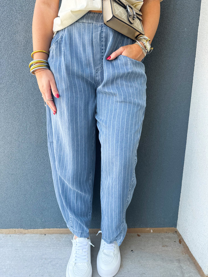 Denim Blue W/ White Pin Stripe Barrel Jeans RESTOCK