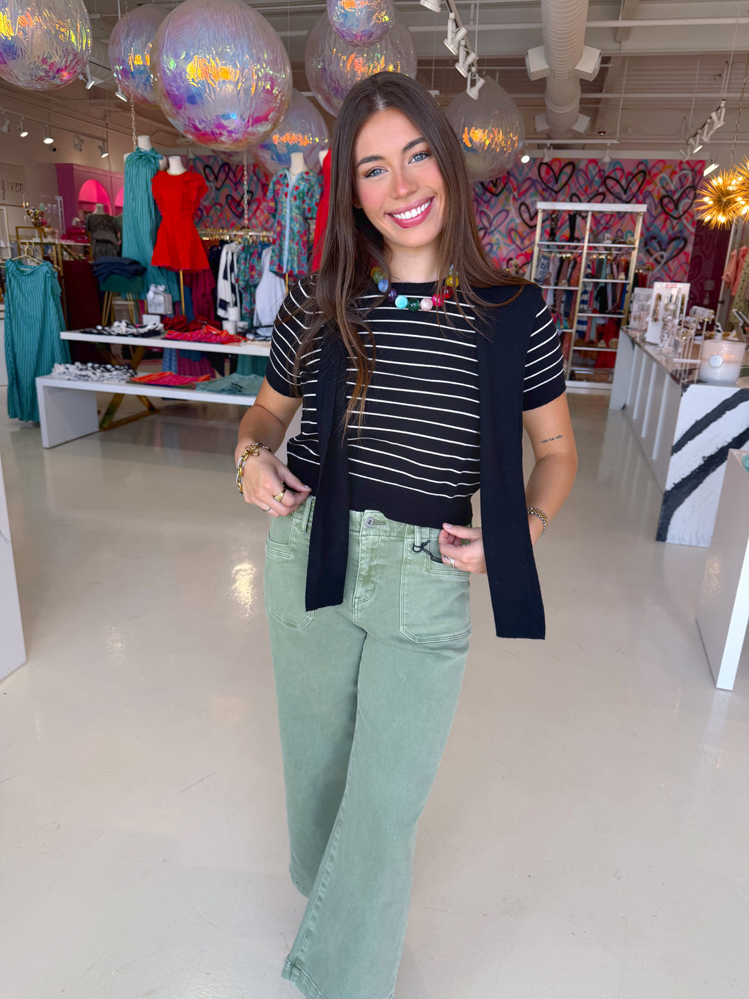 Black and White Striped Sweater Over The Shoulder Top