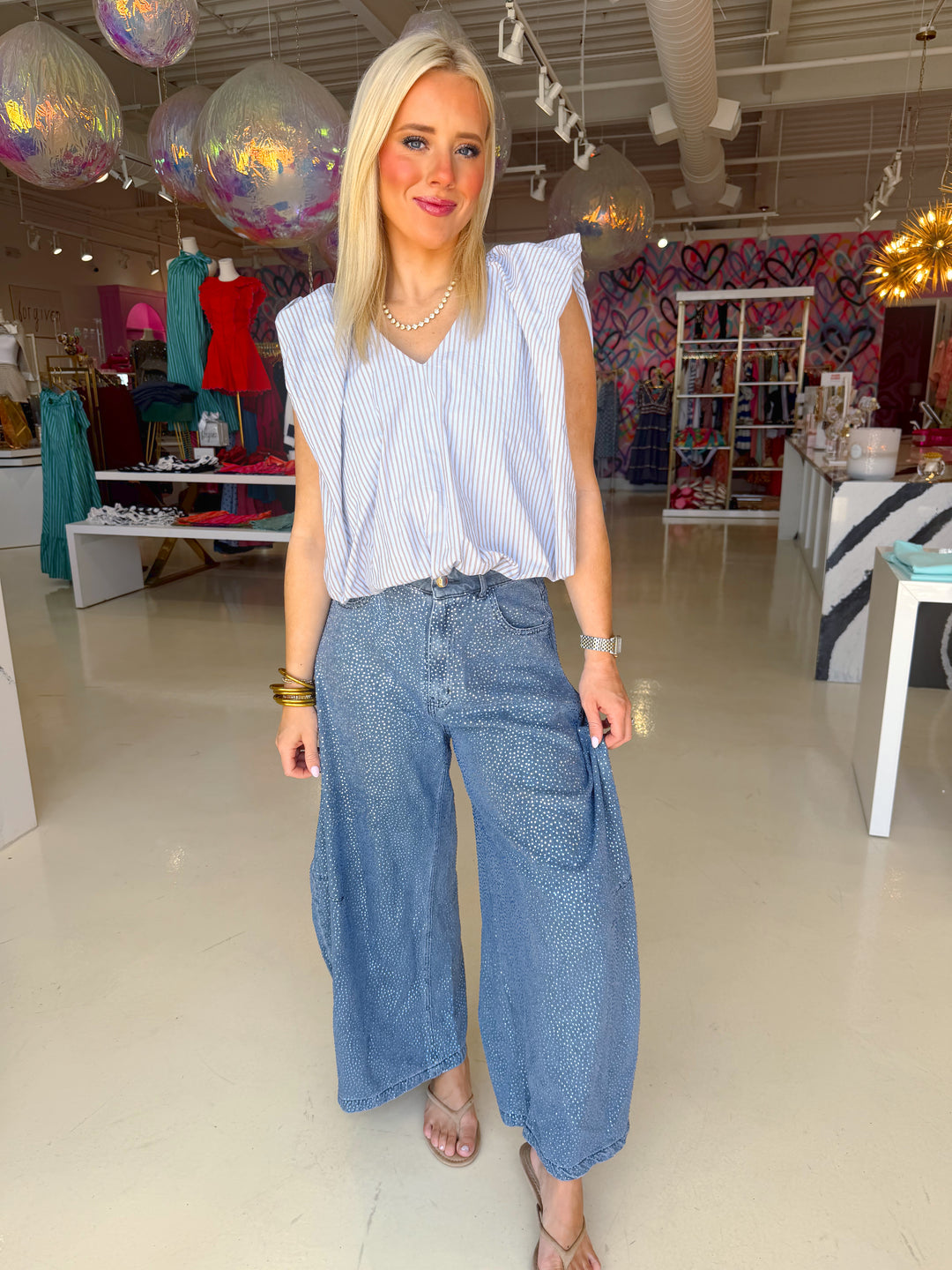 Blue & Brown Striped Poplin Bubble Top