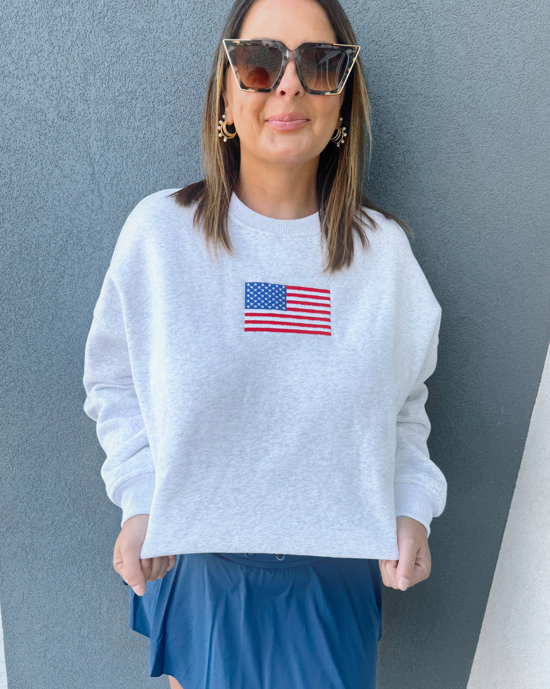 Pearl Gray American Flag Crew Neck Sweatshirt