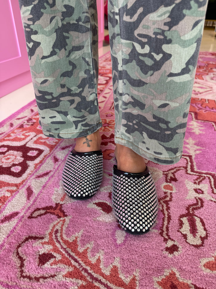 Karlie Black Rhinestone Flat Mules