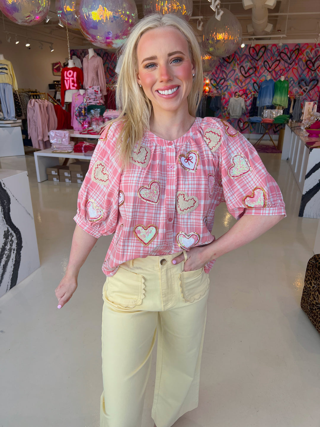 Light Pink & White Plaid Heart Button Down