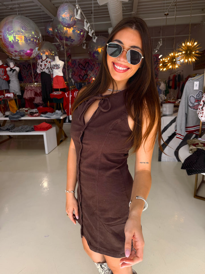 Dark Brown Bow Button Down Dress