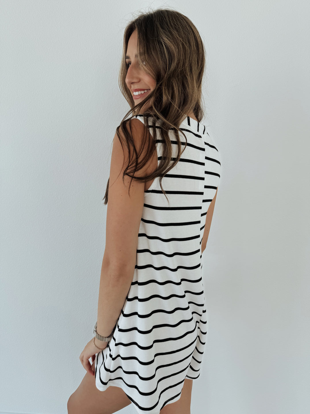 Ivory|Black Stripe Sleeveless Button Down Romper