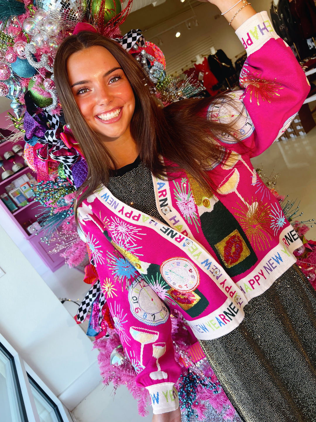 QOS Hot Pink NYE Icon Button Up Cardigan