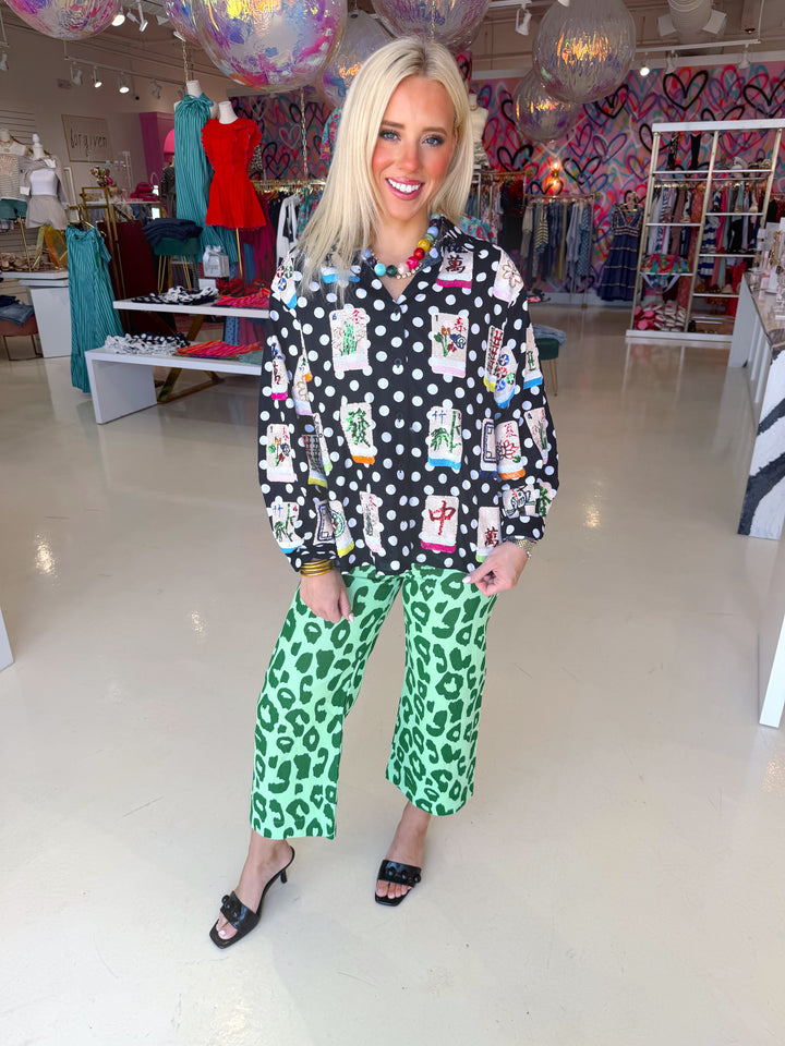 QOS Black & White Polka Dot Mahjong Button Up Top