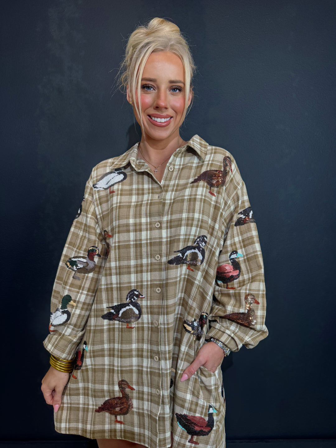 QOS Brown Plaid Duck Button Up Dress