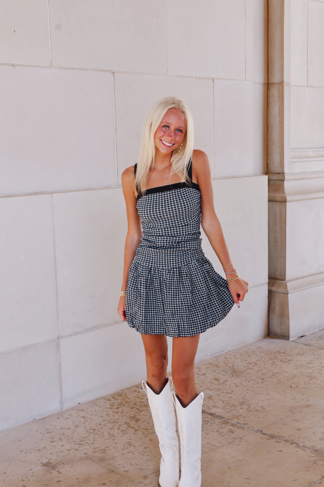 Black Gingham Balloon Mini Dress