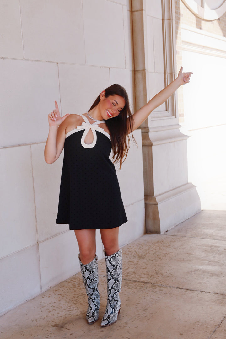 Black Contrast Halter Neck Polka Dot Mini Dress