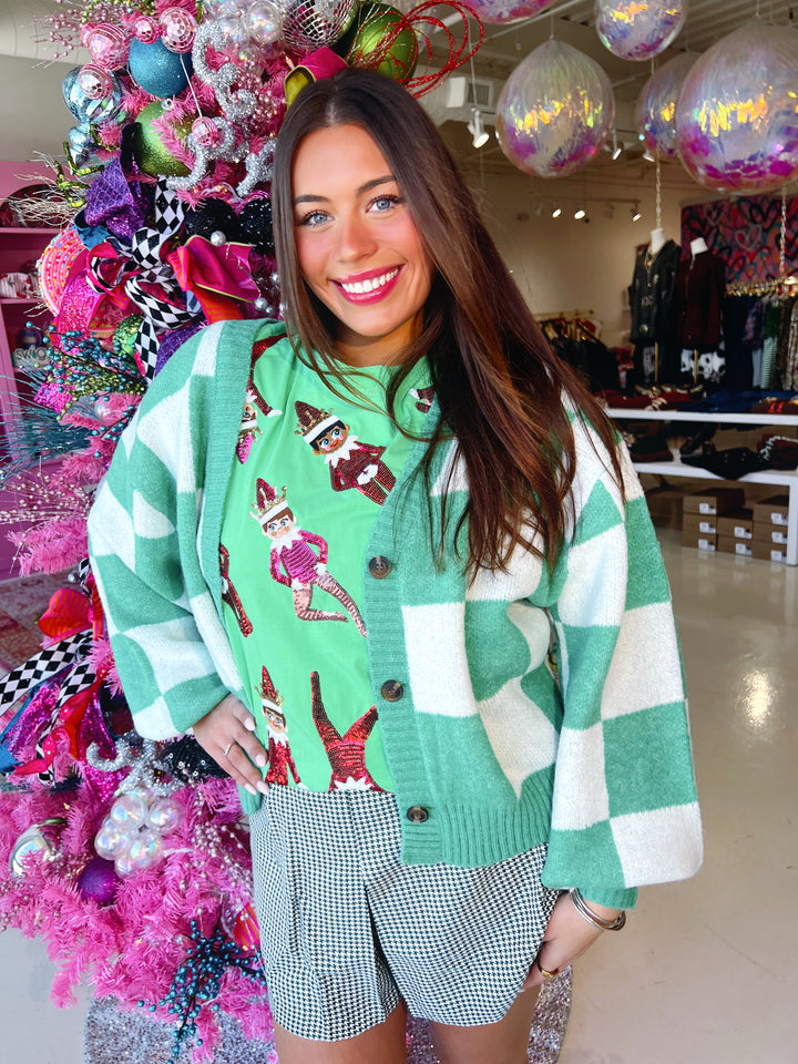 Green & Cream Checkered Cardigan