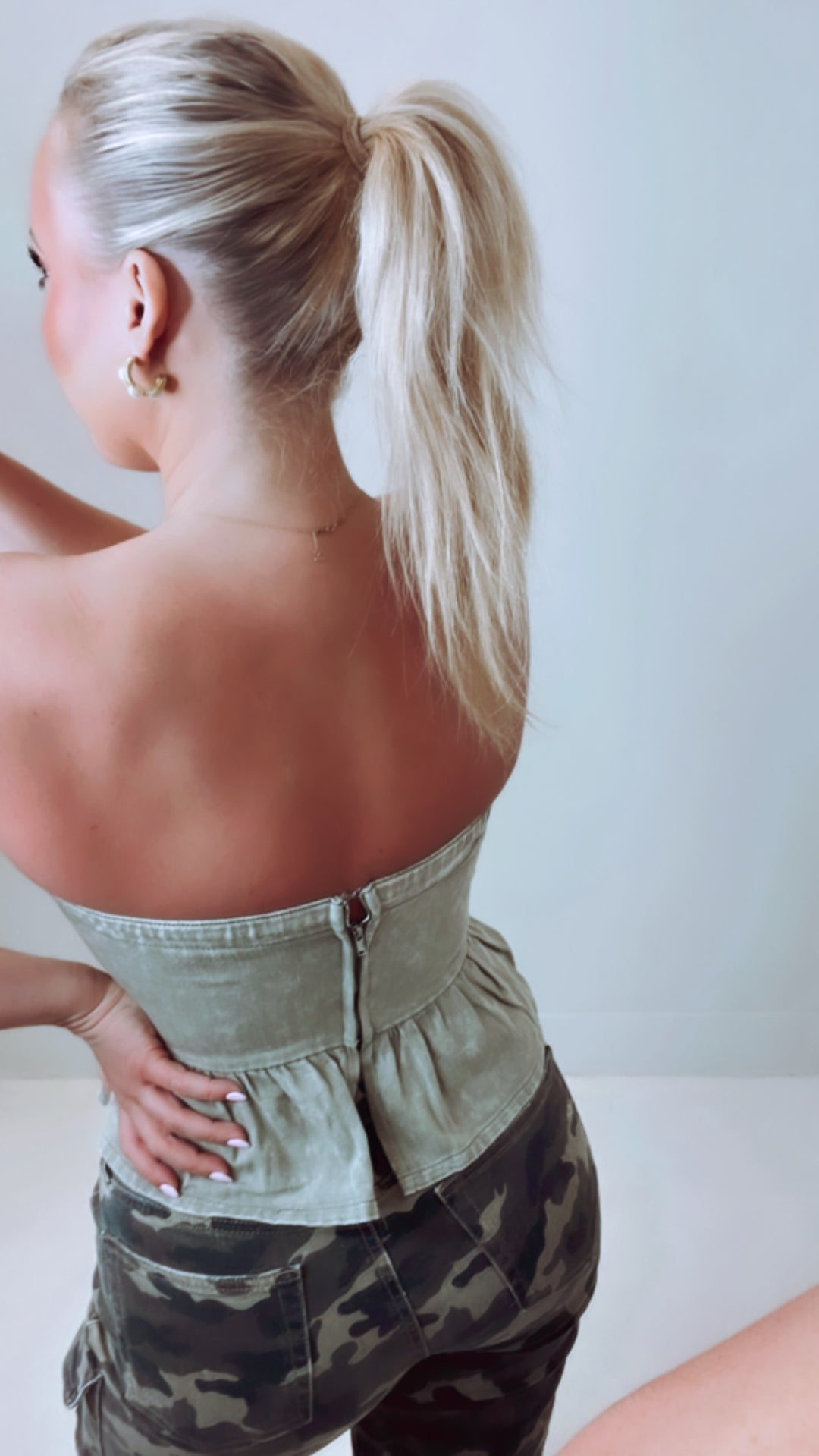 Washed Olive Denim Crop Top W/Ruffle Hem