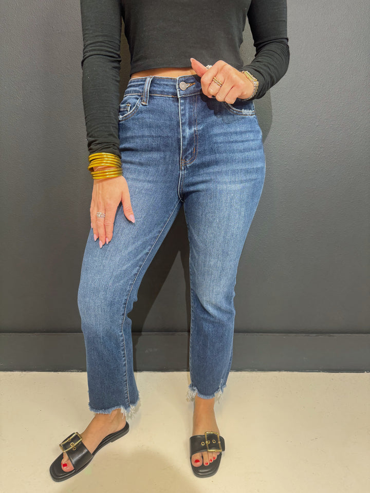 Dark Wash High Rise Frayed Ankle Flare Jeans