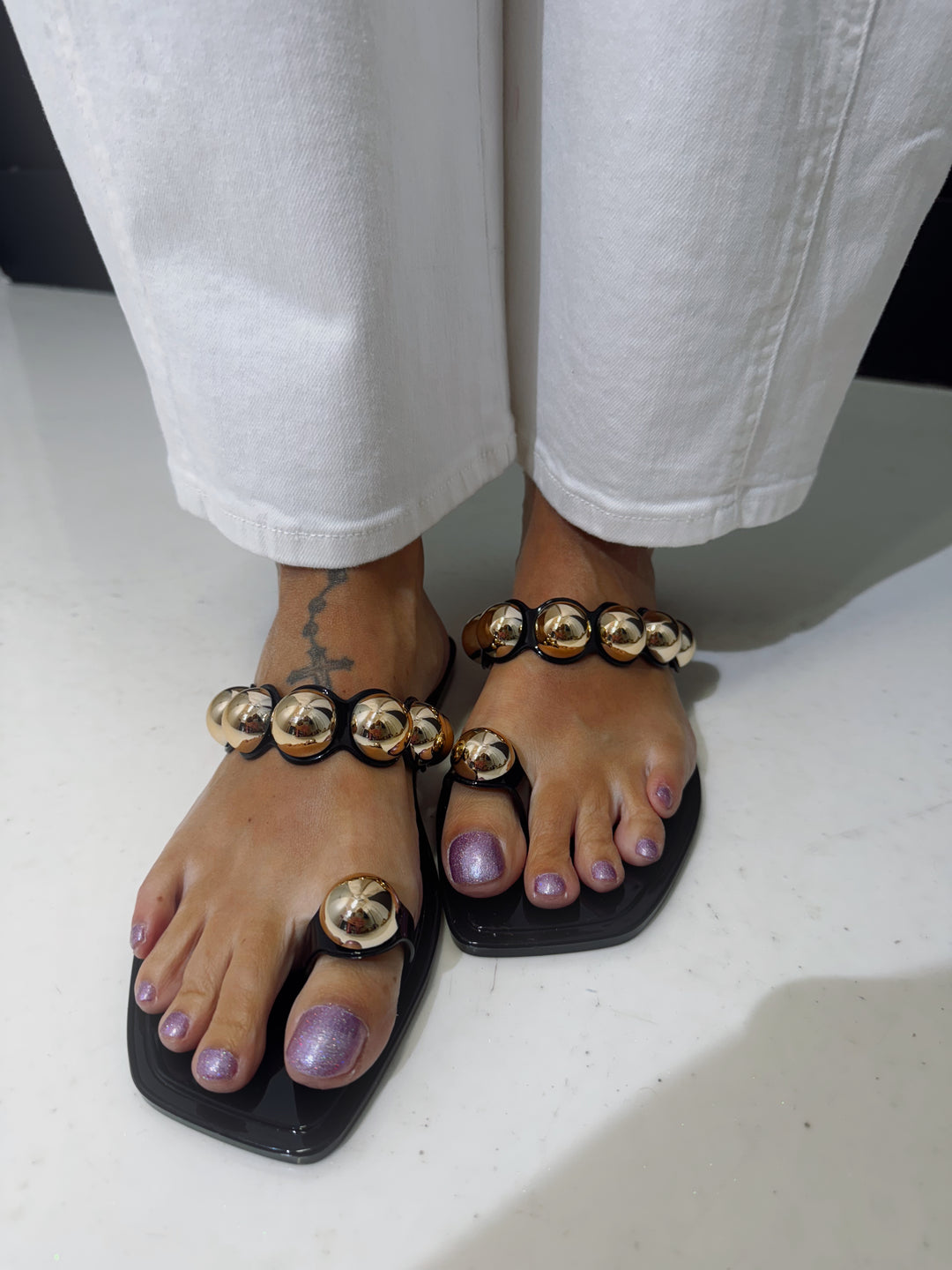 Black Ring Toe Studded Strap Jelly Sandals