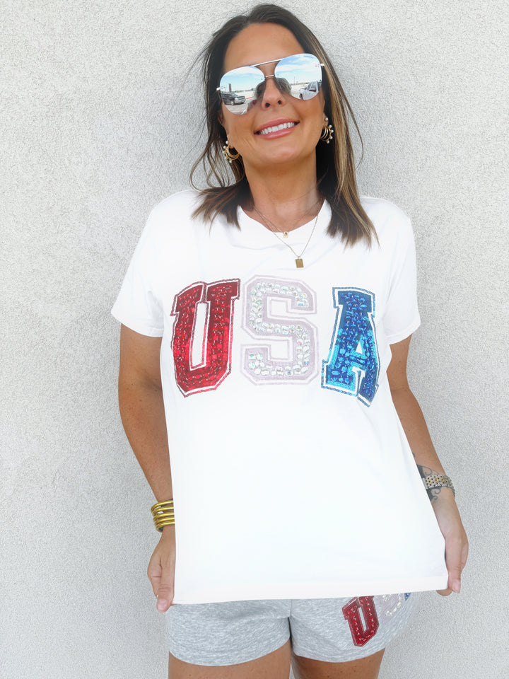 QOS White USA Beaded Tee