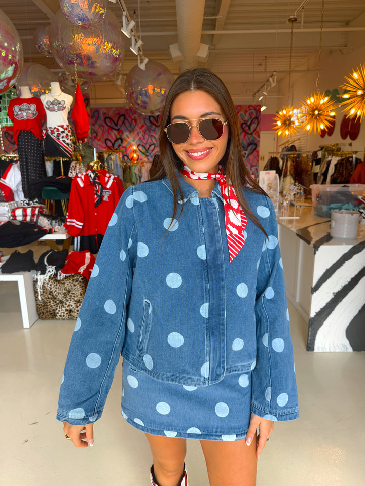 Denim Polkadot Jacket and Skirt Set