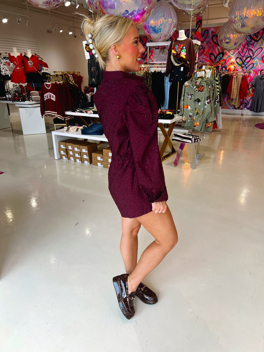 QOS Maroon Rhinestone Longesleeve Romper